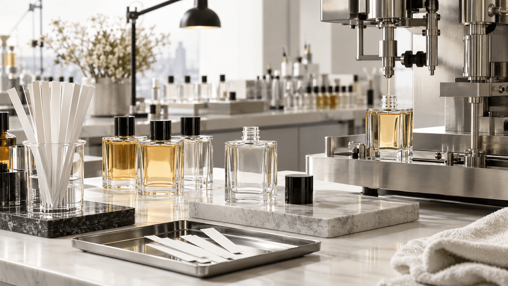 Unbranded perfume sampling and filling workspace